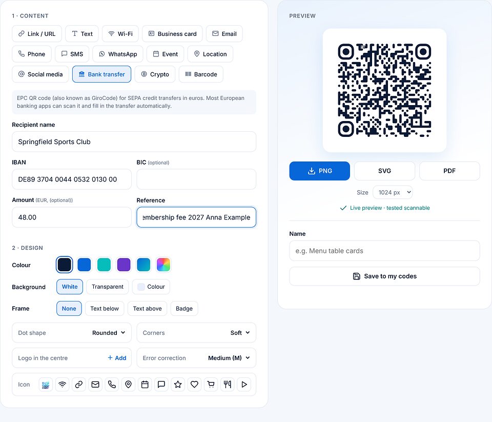 رمز تحويل: المستفيد Springfield Sports Club، وIBAN، ومبلغ 48.00 يورو، والبيان رسوم العضوية.