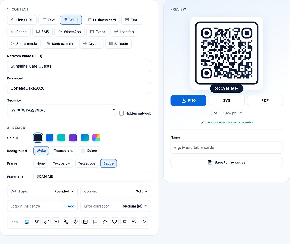 رمز Wi-Fi: اسم الشبكة Sunshine Café Guests، وكلمة المرور والتشفير WPA/WPA2/WPA3، وإطار Badge مع SCAN ME.