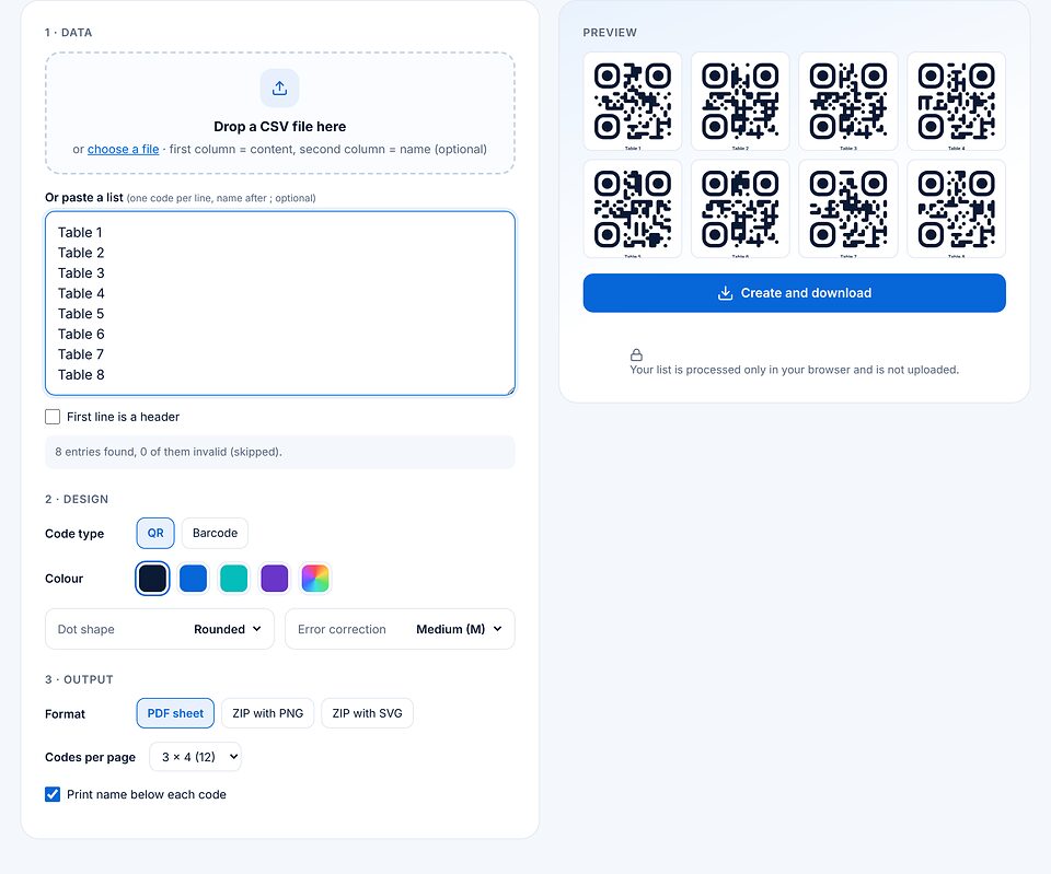 صفحة الإنشاء الجماعي: قائمة من Table 1 إلى Table 8، وإعدادات التصميم، ومخرجات ورقة PDF بـ 12 رمزًا في الصفحة، ومعاينة الرموز الثمانية بأسمائها.